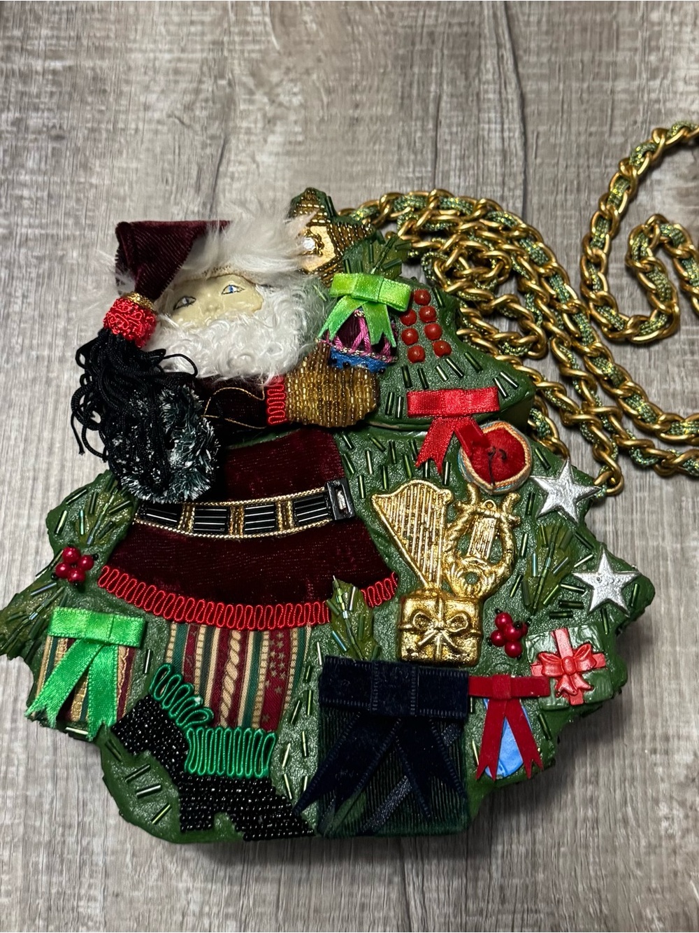 Mary Frances Green Velvet Santa Tree Embellished Crossbody Bag